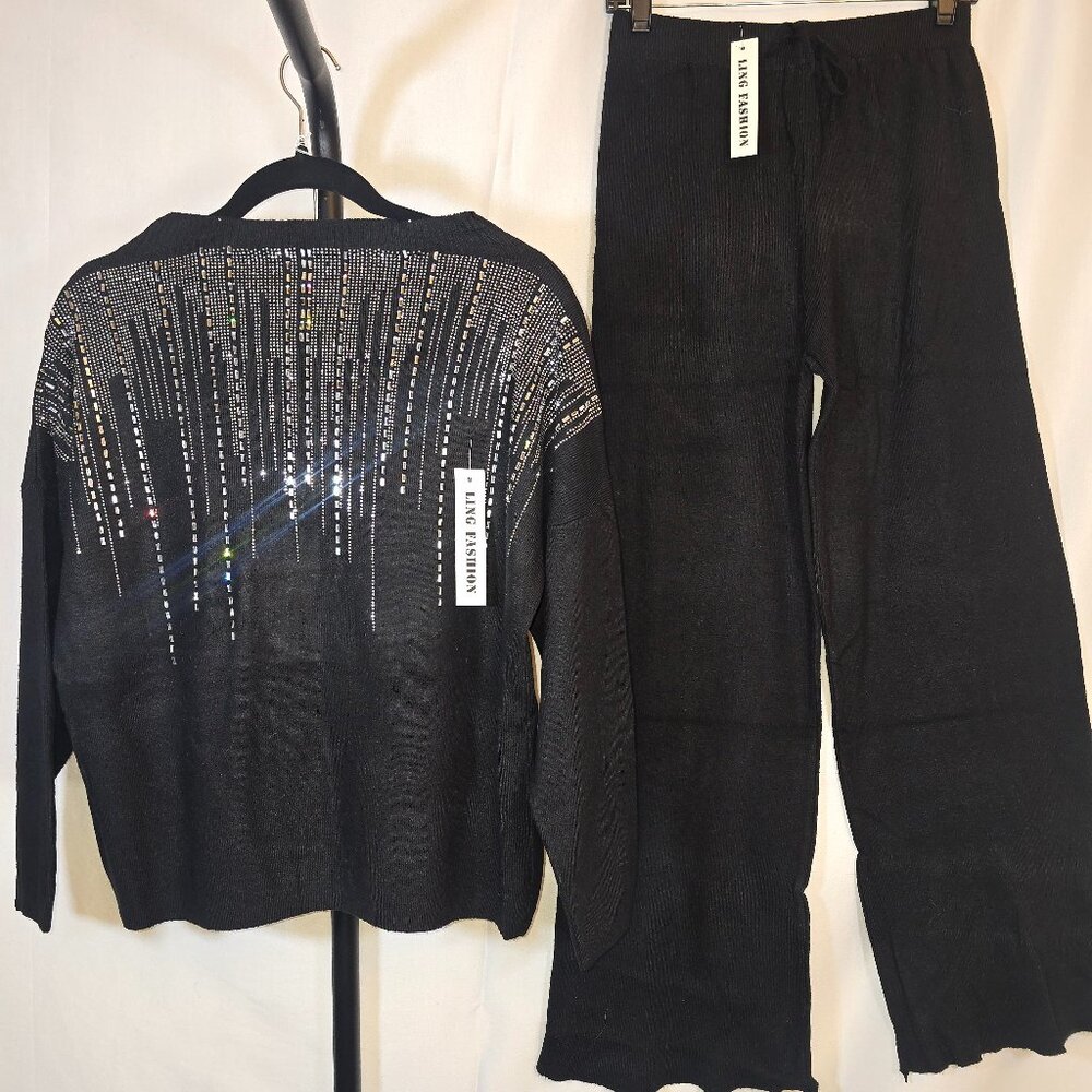 Black Mock Neck Rhinestone Design Rib Knit Pantsuit